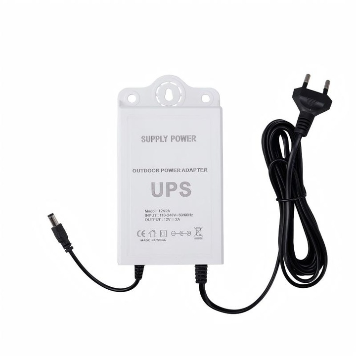 Mini UPS Adaptor Alimentare12V 2A - Sursa de Putere pentru Camere Supraveghere, Protectie Impotriva Ploii si Fulgerelor, Baterie cu Durata Neintrerupta,3600mAH, Alb - Compatibil cu Sisteme CCTV, Alarma, Router