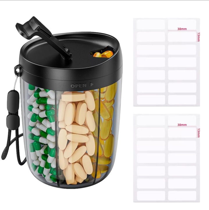 Organizator mare pentru pastile, cutie pentru 6 tipuri de vitamine, design anti-amestec si deschidere larga, usor de utilizat, include 28 etichete autoadezive, Organizator medicamente Plastc Uz general Negru