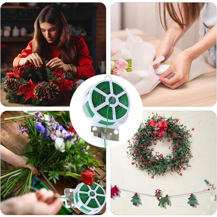 Fir de legat premium, 400m, Legaturi pentru plante din gradina verzi cu taietor, invelis exterior din plastic cu sarma metalica interioara, reutilizabile, pentru legat flori si legume