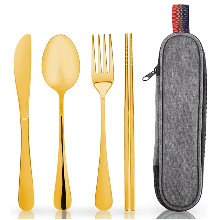 Set tacamuri inox, 4 piese in husa depozitare, Potrivit pentru calatorie, tabara, scoala sau loc de munca, Usor de curatat si de depozitat, aur