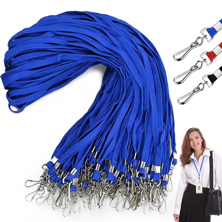 Set 50 snururi ecuson, TopGearWorld®, 480 mm, Franghie agatata anti-pierdere ingrosata pentru insigna pieptului de expozitie, permisul de munca si lantul, Albastru