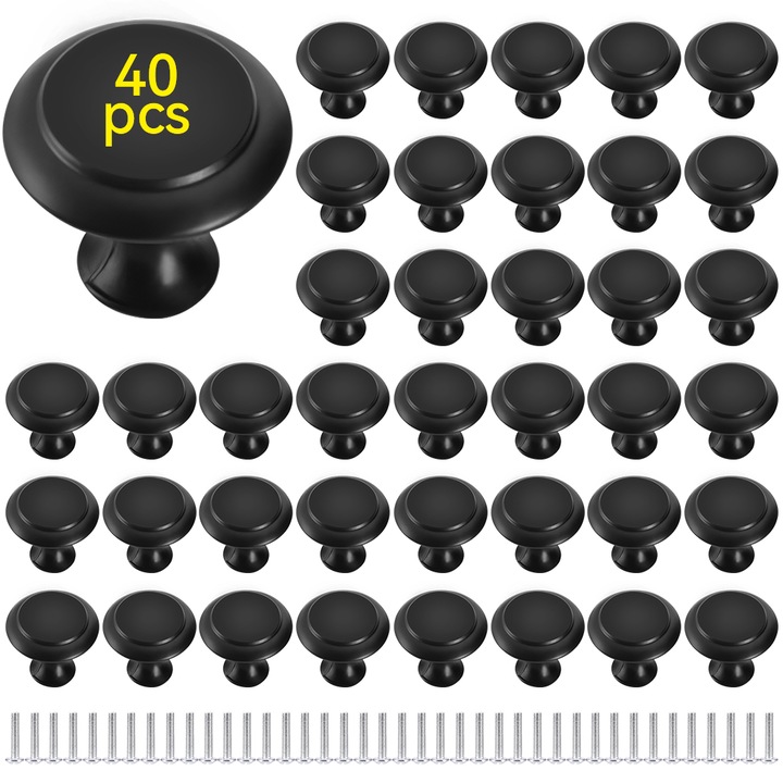 Set 40 manere mobila, TopGearWorld®, 30mm, Otel inoxidabil, Rotund, Pentru bucatarie dormitor dulapuri sertare, Negru