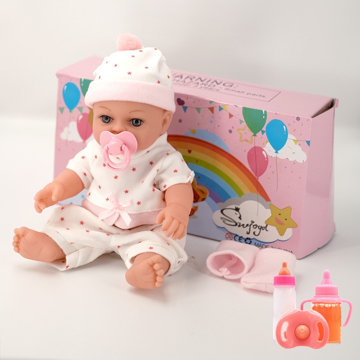 Papusa SWJOYOL 12 inch, moale, roz, lavabila, set cu haine si biberon, 17x30cm