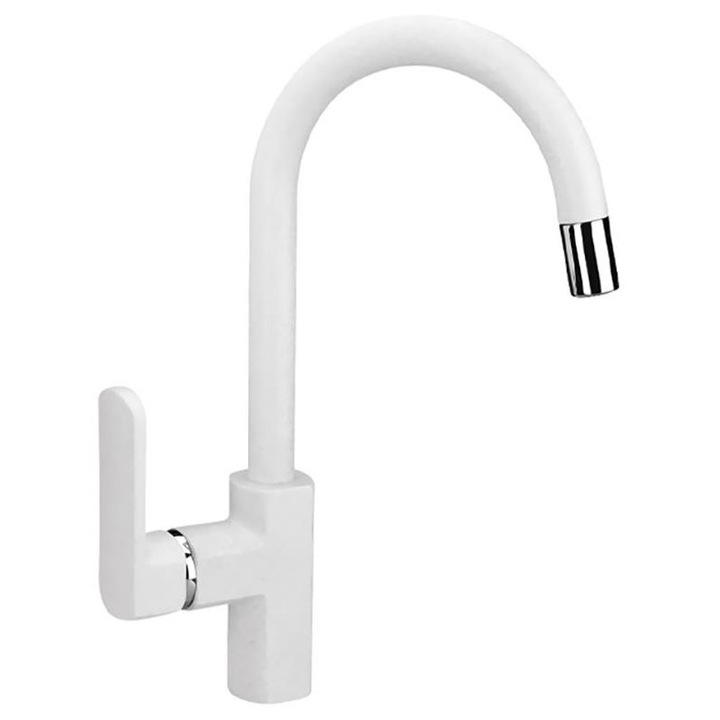 Santera Hausberg konyhai csaptelep, egykaros, 18/10 rozsdamentes acél, matt fehér felület, 90°C-állóság