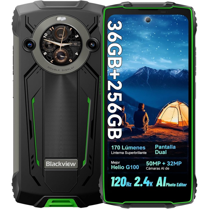 Telefon mobil Blackview BV8200, 6.497" FHD+, 120Hz, 36GB RAM(12GB + 24GB extensibili 2To), 256GB ROM, Android 14, 8800mAh, 8 cores, Dual SIM, NFC/Amprenta/caracteristici faciale, Verde