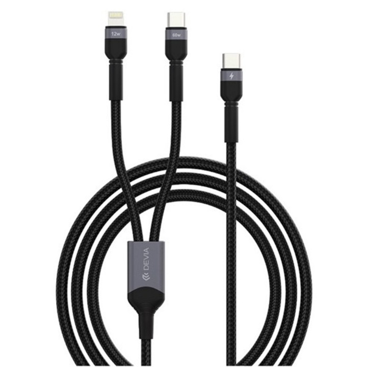 Devia extreme adatkábel 2in1, type-c - type-c/lightning, 15w, pd gyorstöltő, 120cm, cipőfűző, fekete