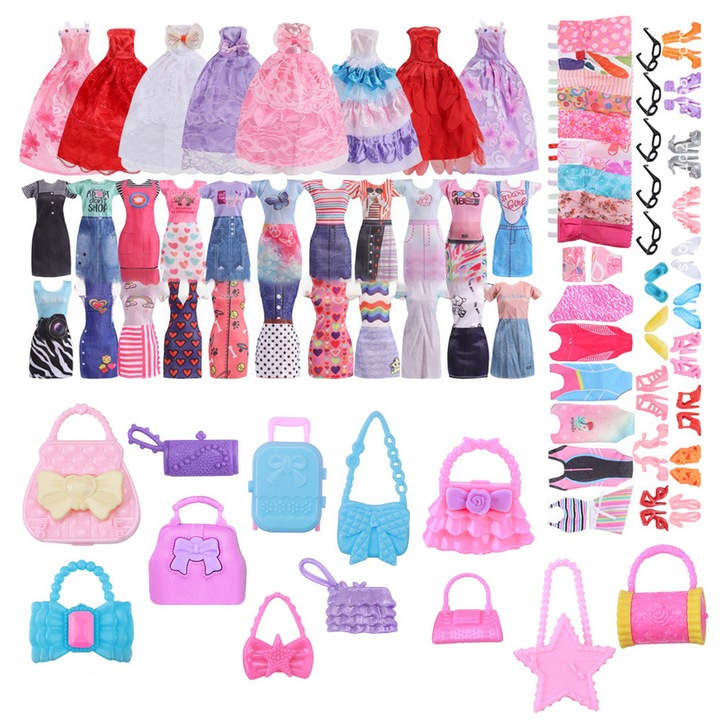 Комплект аксесоари за кукла SWJOYOL 30 см, 50 рокли, 5 чанти, многоцветни