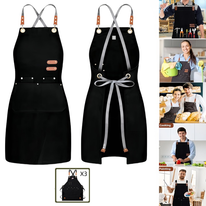 Комплект от 3 готварски престилки, RorAem, дишаща престилка, лесна за почистване, с 4 джоба, закопчаване отзад, унисекс, за готвене в кухнята, градинарство, полиестер, черна