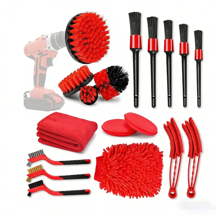 Set profesional 18 Piese detailing auto, ZGGZERG, Curatare masina Interior Exterior, Cu 4 perii pentru bormasina, 5 pensule, laveta microfibra, 3 perii de sarma din aliaje diferite, Rezistent la uzura, ABS/PP, Dimensiuni diferite, Rosu