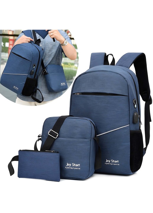 Rucsac multifunctional 3 in 1 JFYU®, design ergonomic, cu port de incarcare USB, smart casual pentru business/ calatorii si laptop 15,6 inchi, 30cm X 45cm, rezistent la apa, albastru