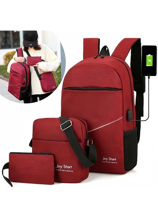 Rucsac multifunctional 3 in 1 JFYU®, design ergonomic, cu port de incarcare USB, smart casual pentru business/ calatorii si laptop 15,6 inchi, 30cm X 45cm, rezistent la apa, rosu