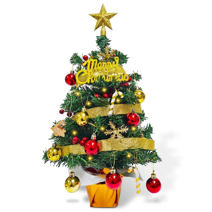 Pom de Craciun, RorAem, Pom de Craciun mini 50cm cu LED lumini, umini festive, decorare festiva, decorare Pom de Craciun multicolor, Aurit