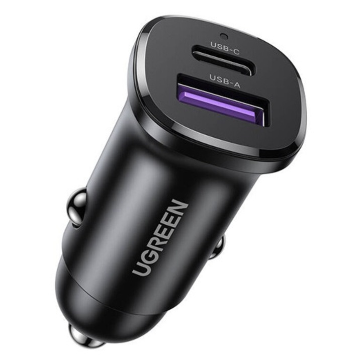 Ugreen ec305 autós töltő usb+type-c aljzat, 30w, pd gyorstöltő 3.0, fekete