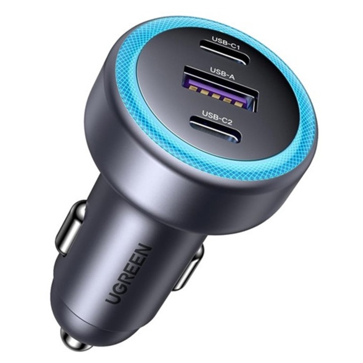 Ugreen ec307 autós töltő usb+2 type-c aljzat, 30w, pd gyorstöltő 3.0, fekete