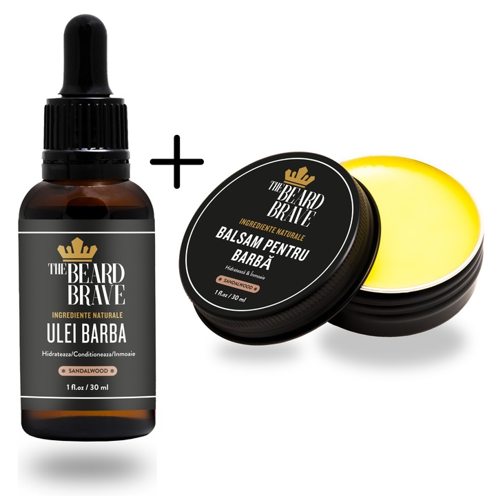 Set Barba Ulei si Ceara/Balsam, Miros Santal, Ingrediente Naturale, Hidratare, Fixare, Ingrijire completa, The Beard Brave, 2x30 ml