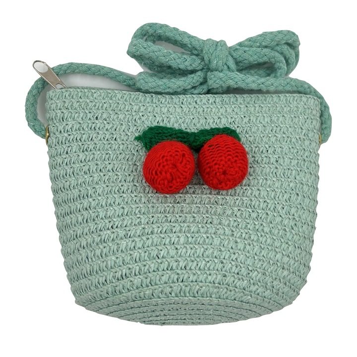 Poseta fetite impletita, design paie cu model cirese crosetate, culoare verde menta, 14 x 10 cm