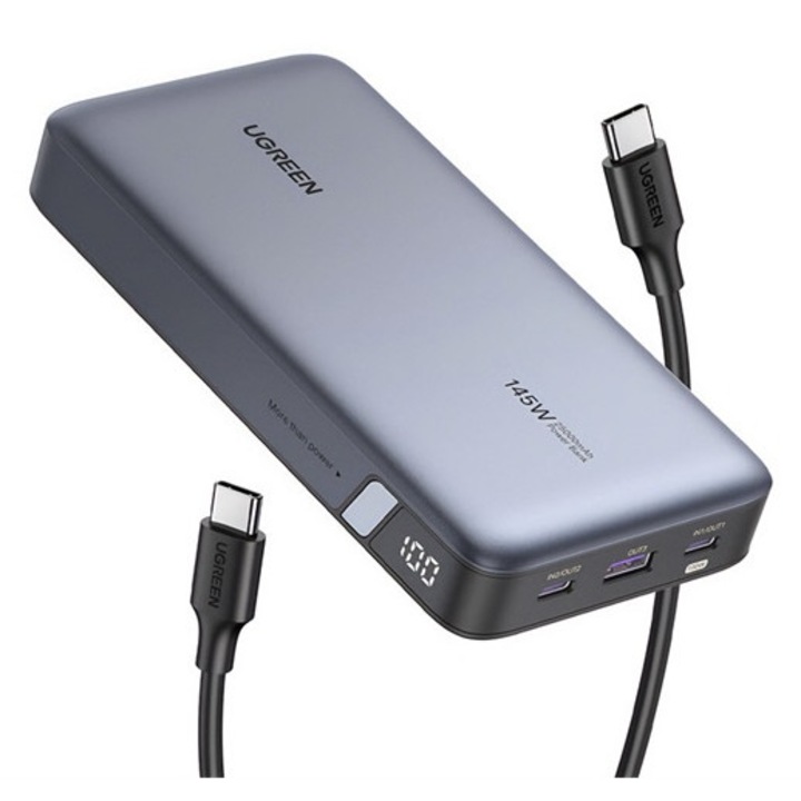 Ugreen pb205 vésztöltő usb+2 type-c aljzat, 25000mah, 145w, pd gyorstöltő, led kijelző, sötétszürke