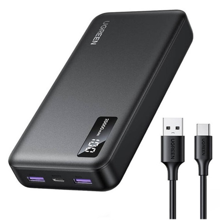 Ugreen pb312 vésztöltő 2 usb+type-c aljzat, 20000mah, 20w, pd gyorstöltő, led kijelző, fekete