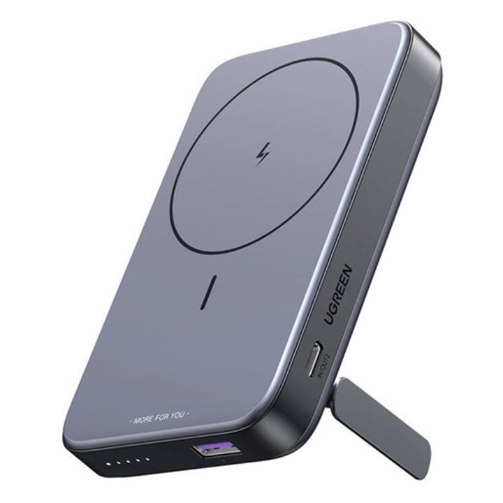Ugreen pb206 vésztöltő usb+type-c aljzat, 10000mah, 20w, pd gyorstöltő, wireless, magsafe, kitámasztó, fekete