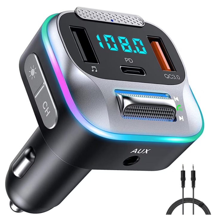 Aljzatadapter, 4 az 1-ben autós töltő sokszorozó, 166W, 1 x autós aljzat, 2 x USB, 1 x USB-C, kijelző, fekete
