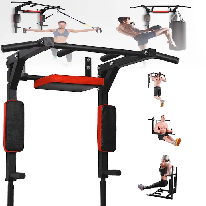 Bara de tractiuni multifunctionala JFYU®, aparat pentru tractiuni montata pe perete, capacitate maxima 200 kg, montare usoara, metal, constructie durabila, manere antiderapante, Ideal pentru antrenamente acasa, Negru/Rosu