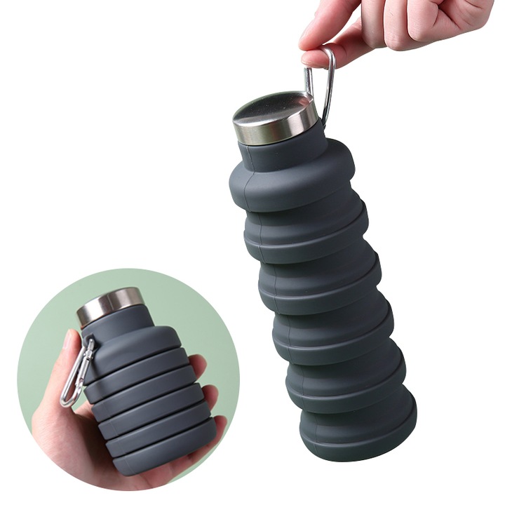 Sticla de apa sport, pliabila, silicon, 300ml-510ml, rezistenta la scurgeri, calatorii creative in aer liber, sport, yoga, ciclism, bisfenol A-free, material siguranta, design portabil, negru