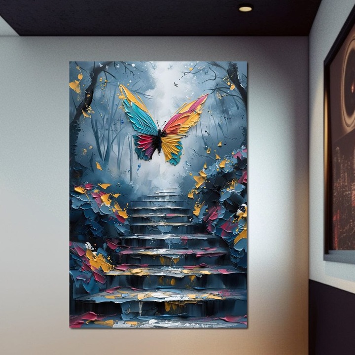 Tablou Canvas Premium, LuxCanva® M1128, Traseu Policrom, 100 X 150 CM, Panza Bumbac 100% 400g/m2, Sasiu Lemn, Trepte, Multicolor, Pictura, Scari, Natura, Fluture, Insecta, Zbor, Aripi, Simbolism, Ascensiune, Metamorfoza, Birou, Living, Camera Copil