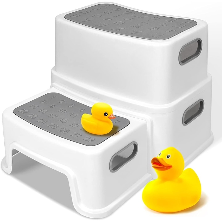 Двустепенен повдигач за тоалетна, многофункционален, с нехлъзгава повърхност с цифри и букви, за тоалетна, баня и кухня, столче, стълба, сив