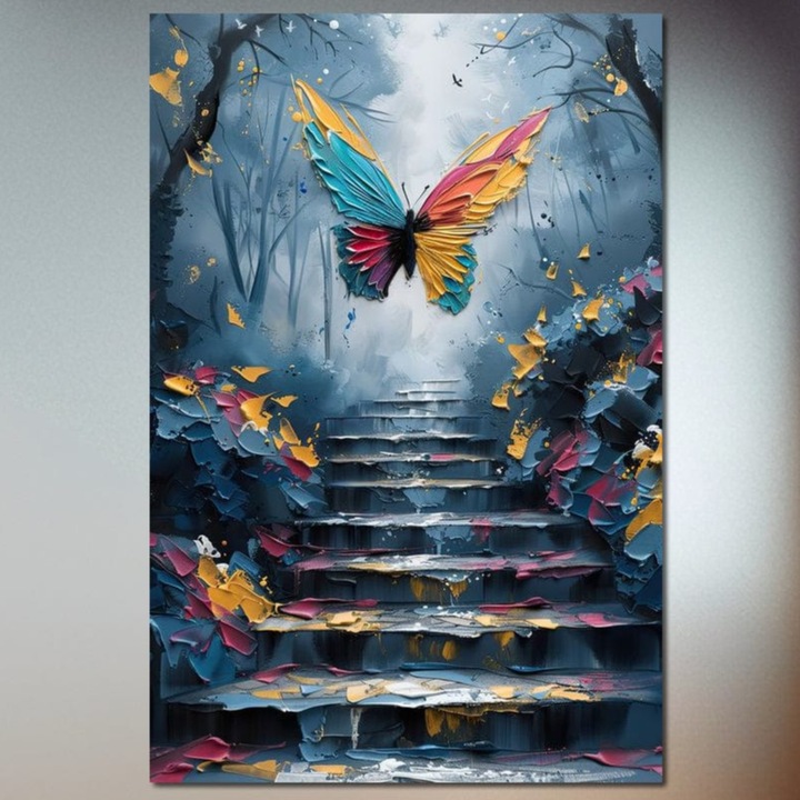 Tablou Canvas Premium, LuxCanva® M1128, Traseu Policrom, 40 X 60 CM, Panza Bumbac 100% 400g/m2, Sasiu Lemn, Trepte, Multicolor, Pictura, Scari, Natura, Fluture, Insecta, Zbor, Aripi, Simbolism, Ascensiune, Metamorfoza, Birou, Living, Camera Copil