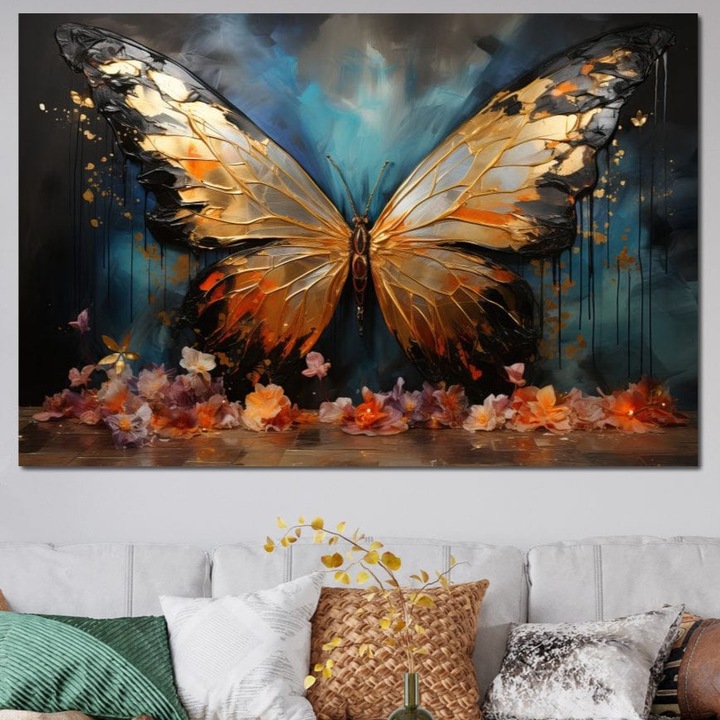 Премиум картина върху платно LuxCanva® M1129, Полет, 40 X 60 см, 100% памучно платно 400 г/м2, дървена рамка, пеперуда, крила, цветя, венчелистчета, мед, златист, модерно, абстрактно, насекомо, картина, гланц, за офис, хол, детска стая
