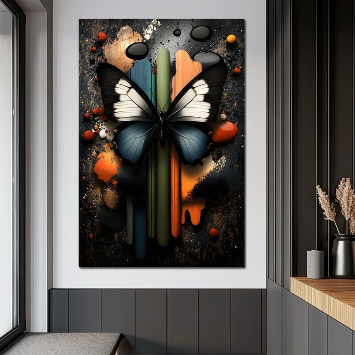 Премиум картина върху платно, LuxCanva® M1130, Цветен водопад, 100 X 150 см, 100% памучно платно 400 г/м2, дървена рамка, дизайн, картина, пеперуда, абстрактно, форми, капки, модерно, многоцветно, улично изкуство, насекомо, офис, хол, детска стая