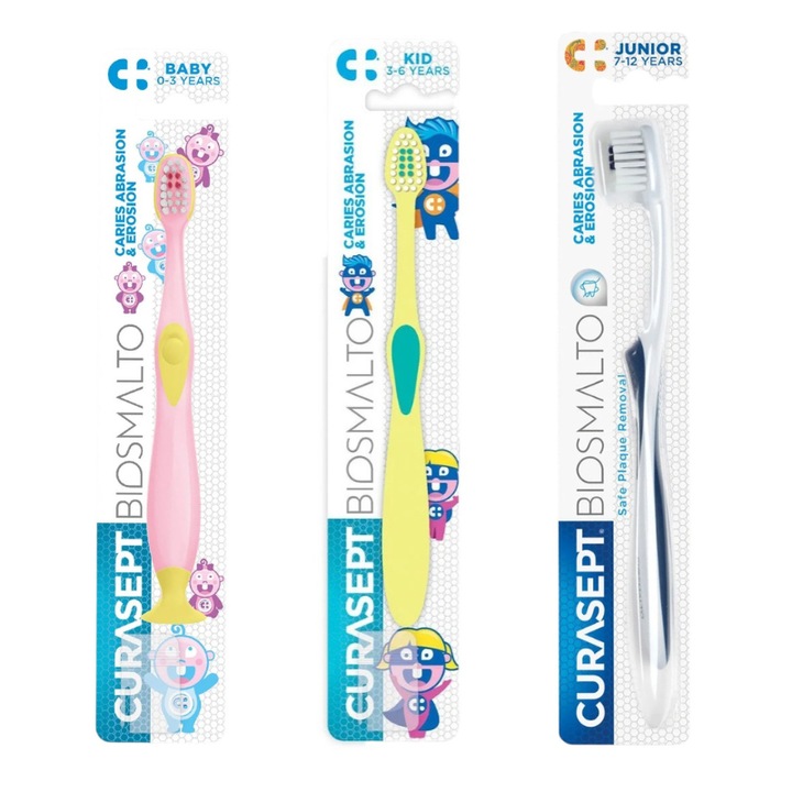 Set periute de dinti Curasept Biosmalto, 0-3 ani Baby, 3-6 ani Copii, 7-12 ani Junior, moale