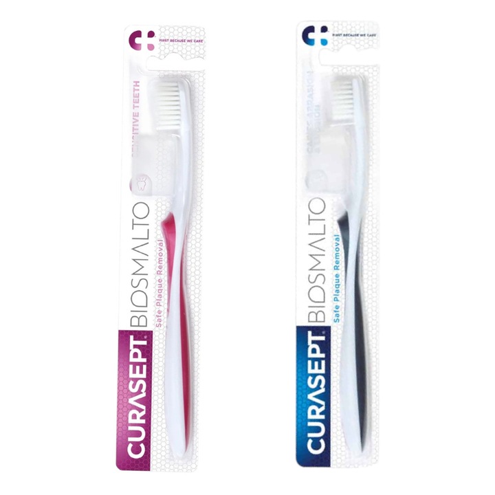 Set periute de dinti Curasept Biosmalto, 1 periuta Sensitive, 1 periuta Caries, moale, alb cu albastru