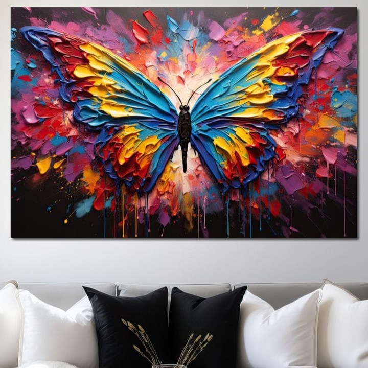 Tablou Canvas Premium, LuxCanva® M1131, Stapanul Paletei de Culori, 40 X 60 CM, Panza Bumbac 100% 400g/m2, Sasiu Lemn, Pictura, Stropi, Culori Vibrante, Fluture, Aripi, Insecta, Textura, Policrom, Abstract, Contrast, Birou, Living, Camera Copil