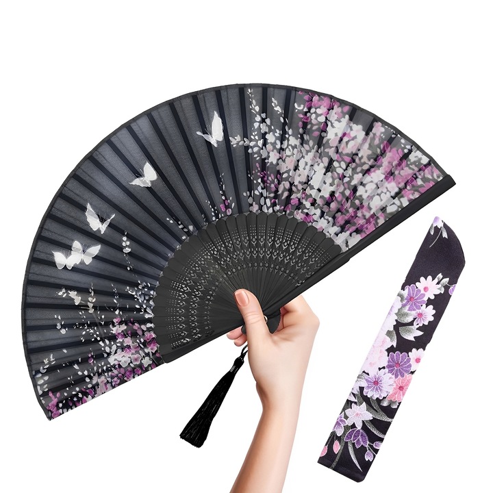 TREXORA női összecsukható legyező, selyem és bambusz, fekete, 19x4,5x2cm