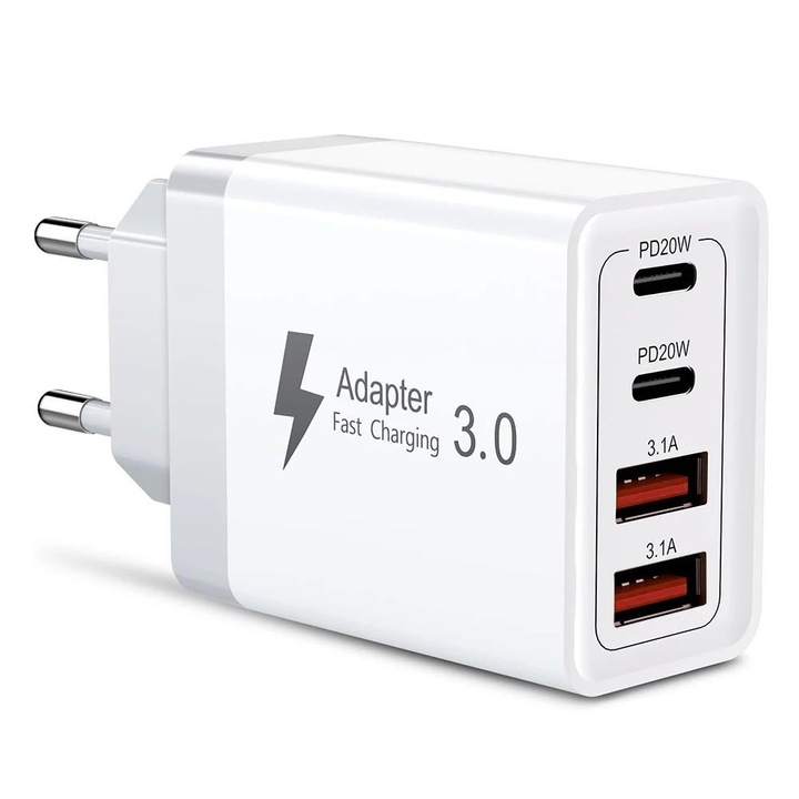 4 az 1-ben gyorstöltő, TEKA, 40W, 2USB/2PD, fehér, 90x45x27mm