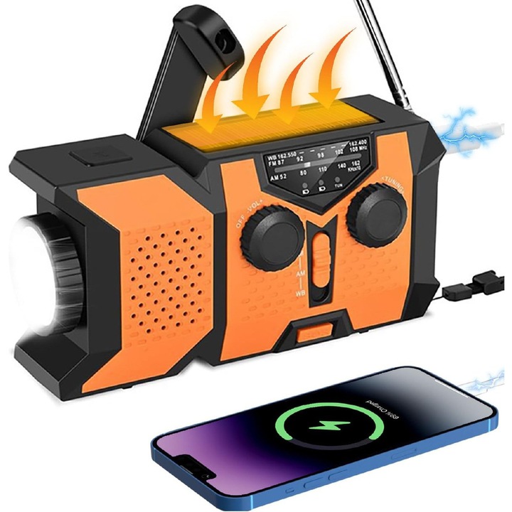 Radio Portabil Camping Cu Lampa LED，Radio de urgenta cu manual, radio solar cu power bank SOS, lanterna LED radio solar pentru camping in aer liber si situatii de urgenta