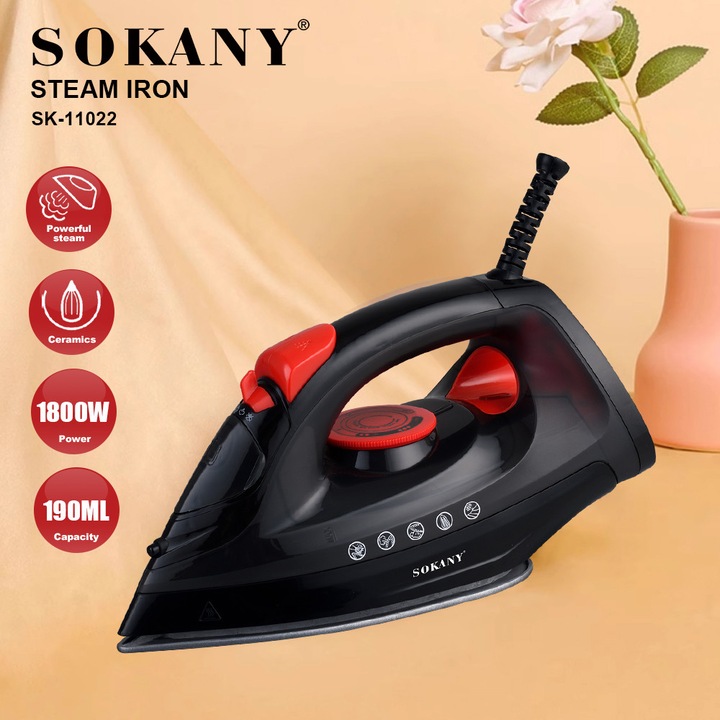 Парна ютия SOKANY, контролер за пара, керамично покритие, 120g/min, бутон за пръскане на вода, въртящ се бутон за регулиране на температурата, бутон за спрей, 190мл, европейски щепсел, 1800W, захранващ кабел, въртящ се на 360 градуса