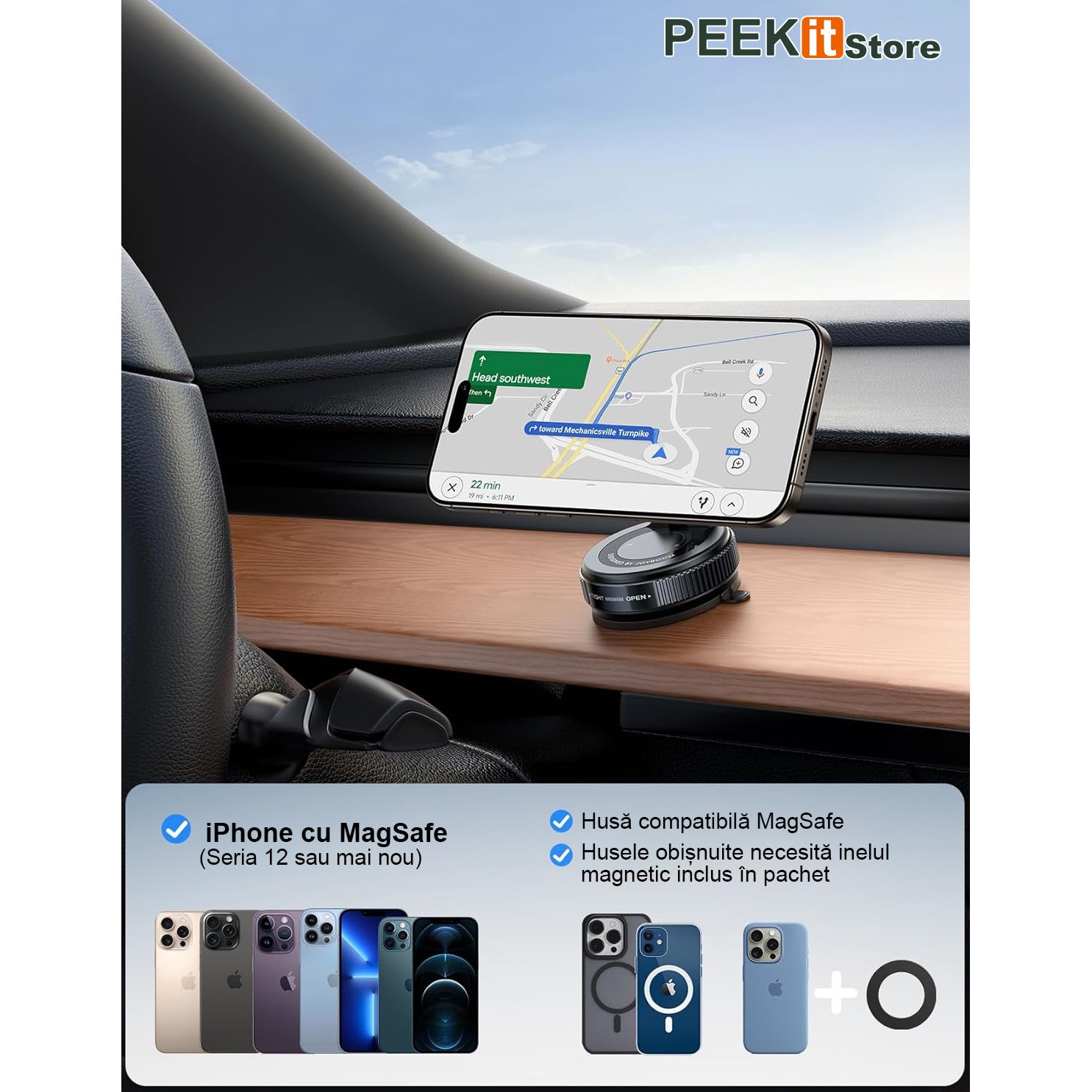 Suport auto MagSafe magnetic cu ventuza, pliabil si reglabil 360 ...
