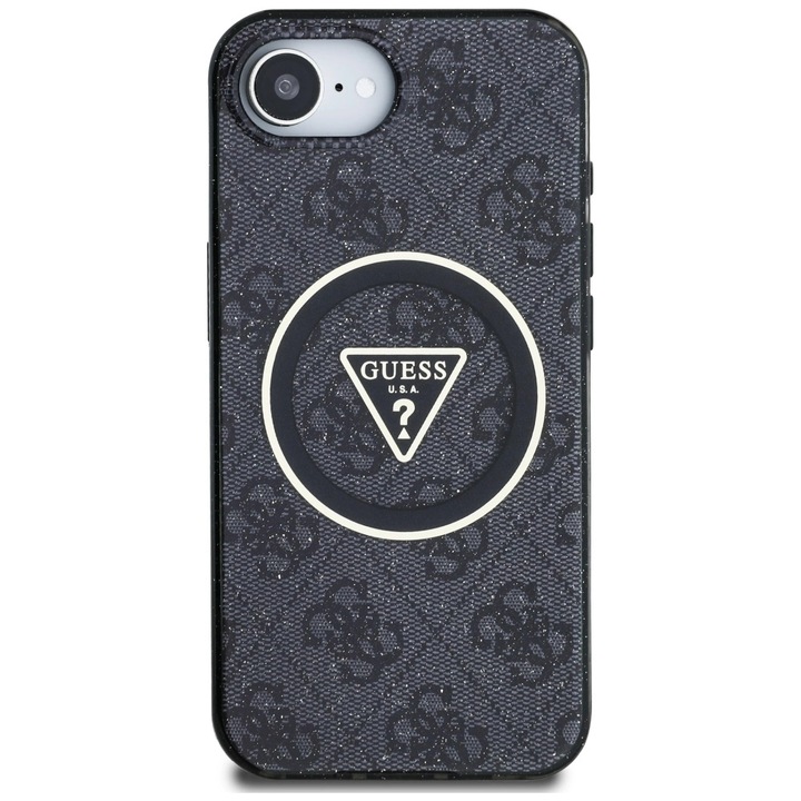 Carcasa Guess IML Metal Glitter 4G Circle Triangle, cu MagSafe, compatibila cu iPhone 16e, Negru