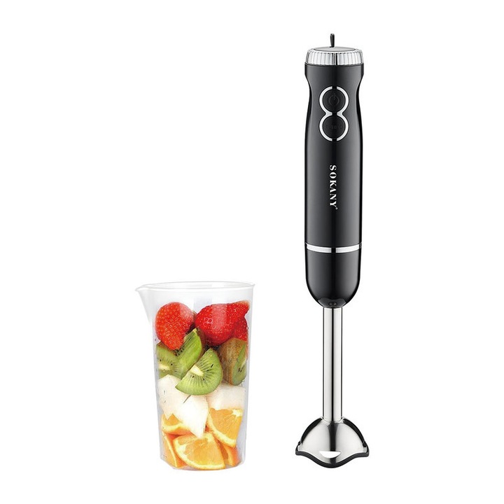 Вертикален миксер SOKANY, 2 регулируеми скорости, бъркалка от неръждаема стомана + нож от неръждаема стомана, с мерителна чаша, подвижна глава за лесно почистване, ергономичен дизайн на дръжката, 400 W, стандартен европейски щепсел, черен цвят