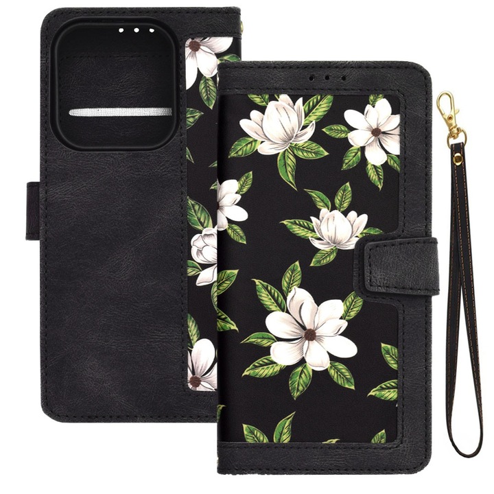 Husa tip carte pentru Xiaomi Redmi Note 14 5G, Mystic Flowers, Piele ecologica, Buzunare carduri, Inchidere cu capsa, Functie stand/suport, Decupaj difuzor apeluri, Acoperire 360, Protectie completa fata-spate, Snur incorporat/detasabil, Negru
