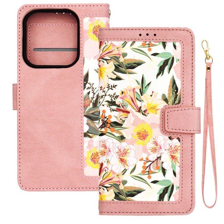 Husa tip carte pentru Xiaomi Redmi Note 14 5G, Mystic Flowers, Piele ecologica, Buzunare carduri, Inchidere cu capsa, Functie stand/suport, Decupaj difuzor apeluri, Acoperire 360, Protectie completa fata-spate, Snur incorporat/detasabil, Roz