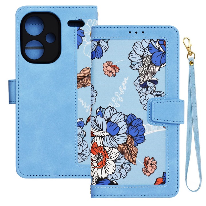 Husa tip carte pentru Xiaomi Redmi Note 13 Pro Plus 5G, Mystic Flowers, Piele ecologica, Buzunare carduri, Inchidere cu capsa, Functie stand/suport, Decupaj difuzor apeluri, Acoperire 360, Protectie completa fata-spate, Snur incorporat/detasabil, Albastru