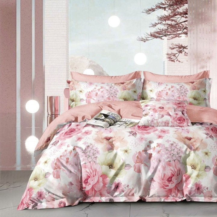 Lenjerie de pat dublu cu design floral pastelat, bumbac 100% percale, 240x260 cm, 6 piese, Lenjerii Deosebite
