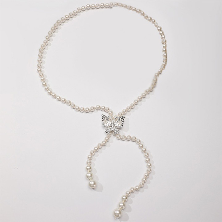 Дамски колан, с имитация на перли и катарама тип пеперуда, елегантен стил, регулируем, перлено бял