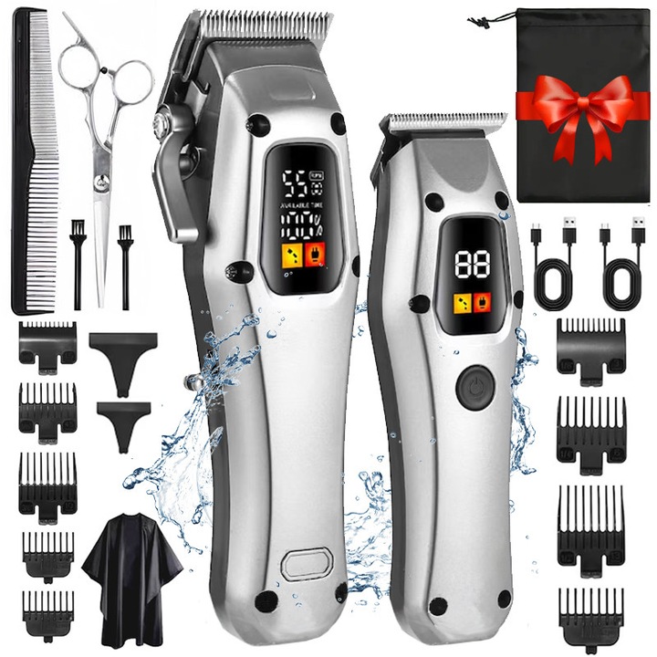 Masina de tuns Profesionala Xenomo® PROCUT, Cu Acumulator, Clipper Reglabil cu 6 Ghidaje, Trimmer T-Blade cu precizie, Lame din Otel Inoxidabil, Afisaj LED, KIT Complet 19 Piese pentru Par, Barba, Hair Art