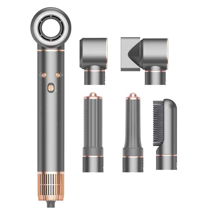Uscator de Par Ionic Profesional GALAXIA®, AIR STYLER 5 in 1, 1300W, ionizare, 5 capete interschimbabile, gri mat, husa inclusa