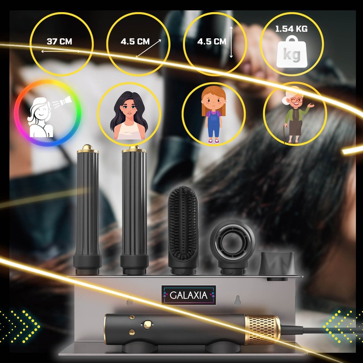 Uscator de Par Ionic Profesional GALAXIA®, AIR STYLER 5 in 1, 1300W, ionizare, 5 capete interschimbabile, gri mat, husa inclusa