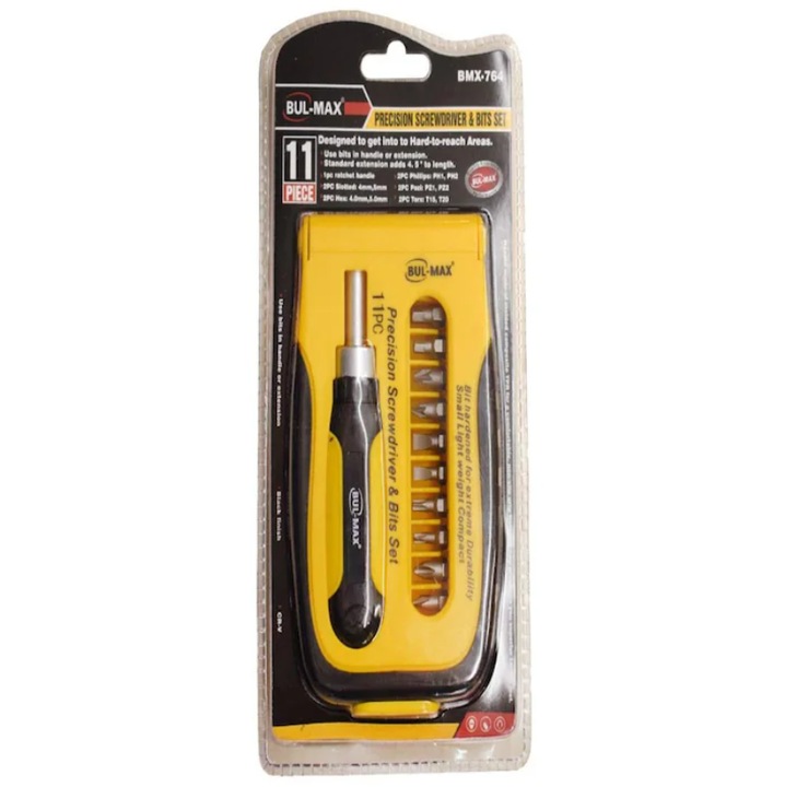 Set Surubelnita Cu Biti Interschimbabili Bul-Max BMX 764, 11 Piese, Surubelnita De Precizie Cu Maner Ergonomic, Capete PH, SL, Torx Si Pozidriv Pentru Reparatii Electronice Si Hobby